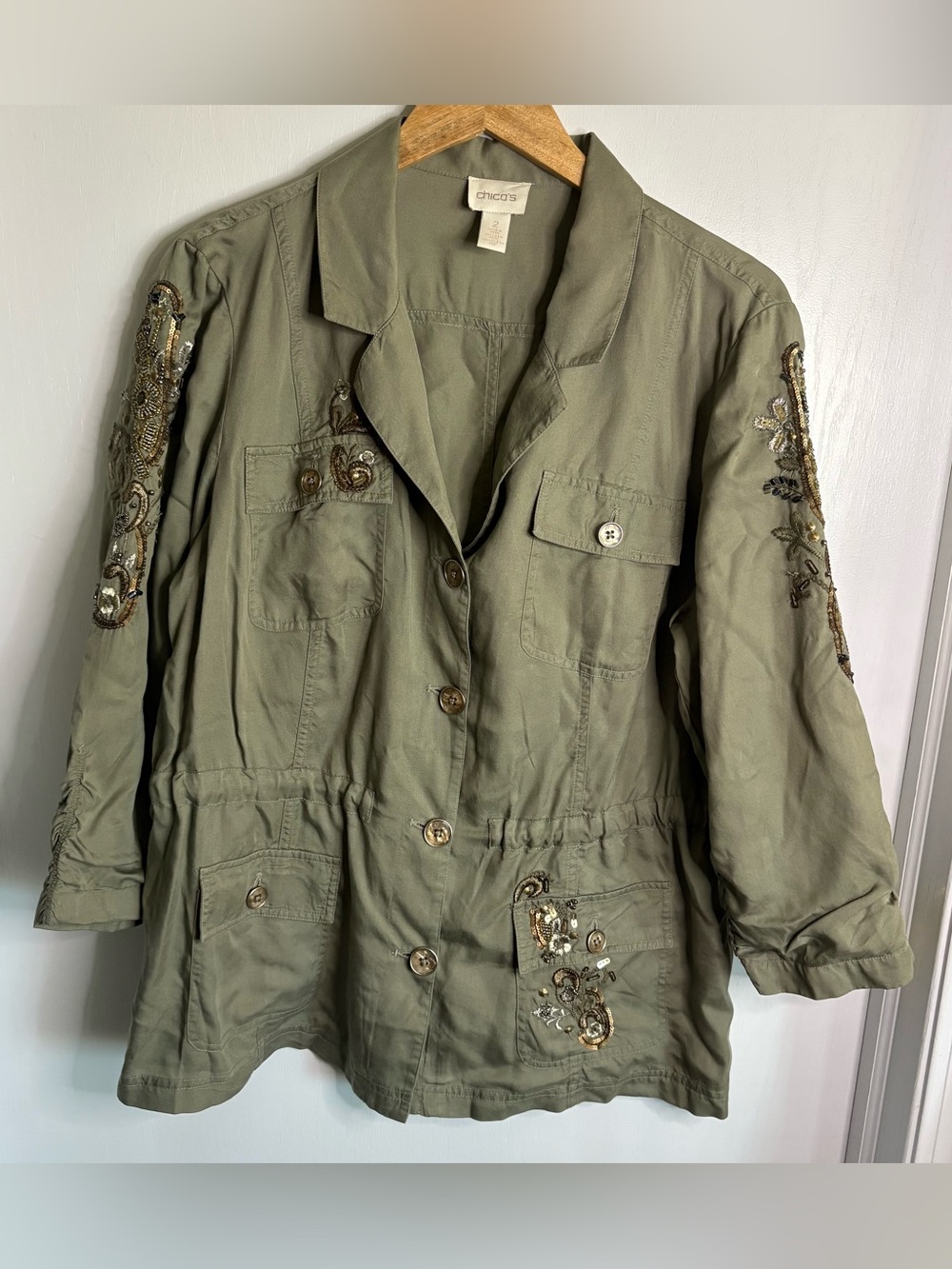 Chico's Olive Embellished Utility Jacket
